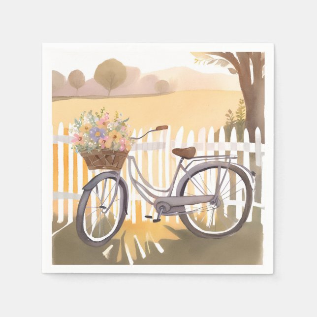Guardanapo De Papel Bicicleta com Cesto de Flores | Aquarela Floral (Frente)