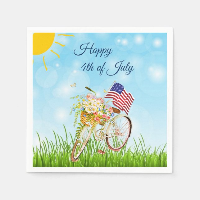 Guardanapo De Papel Bicicleta feliz 4 de julho com bandeira   (Frente)