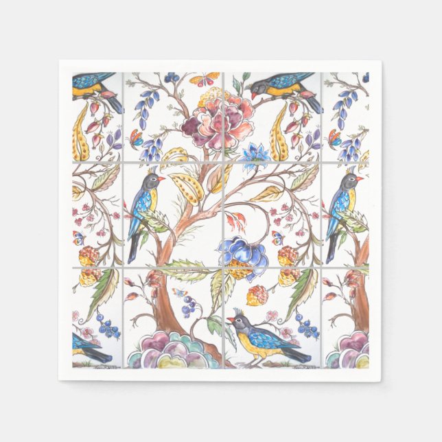 Guardanapo De Papel Bird Floral Azulejo Multicolor Chinoiserie (Frente)