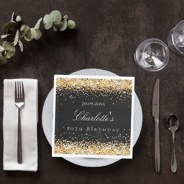 Guardanapo De Papel Birthday black gold name elegant luncheon (Criador carregado)