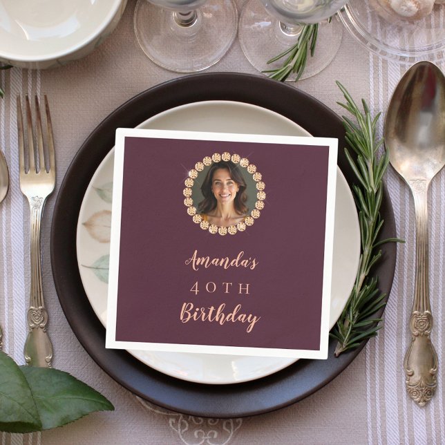 Guardanapo De Papel Birthday burgundy rose gold photo diamonds (Criador carregado)