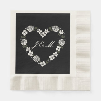 Guardanapo De Papel Black and White Floral Heart Wedding Napkins