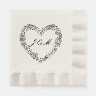 Guardanapo De Papel Black and White Floral Heart Wedding Napkins