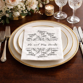Guardanapo De Papel Black and White Floral Personalized Wedding Napkin