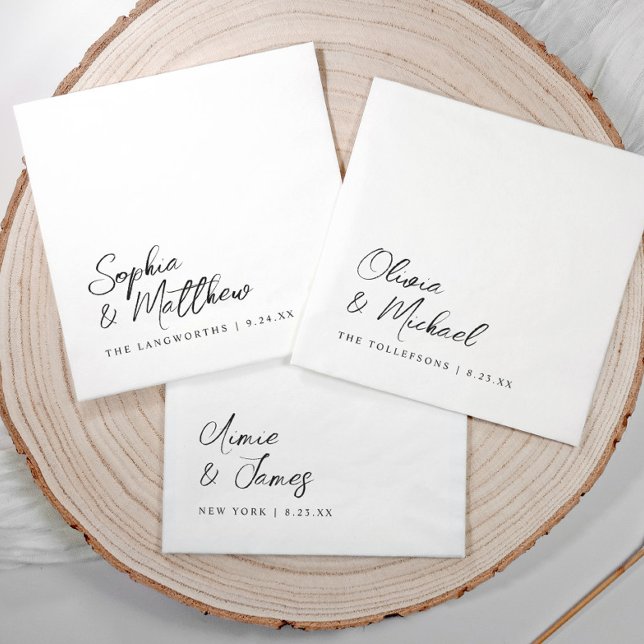 Guardanapo De Papel Black and White Modern Trendy Handwritten Wedding (Modern black and white wedding napkins with handwritten script names and date in lower corner.)
