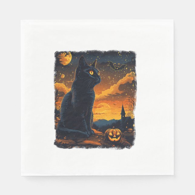 Guardanapo De Papel Black Cat Starry Night Van Gogh Pumpkins Bats Hall (Frente)