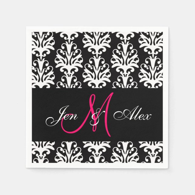 Guardanapo De Papel Black Damask Pink Monograma Papel de Casamento Nap (Frente)