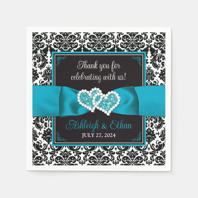 Guardanapo De Papel Black Damask, Turquoise Love Hearts Casamento (Frente)