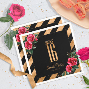Guardanapo De Papel Black Floral Stripes de Folha de Ouro ID757