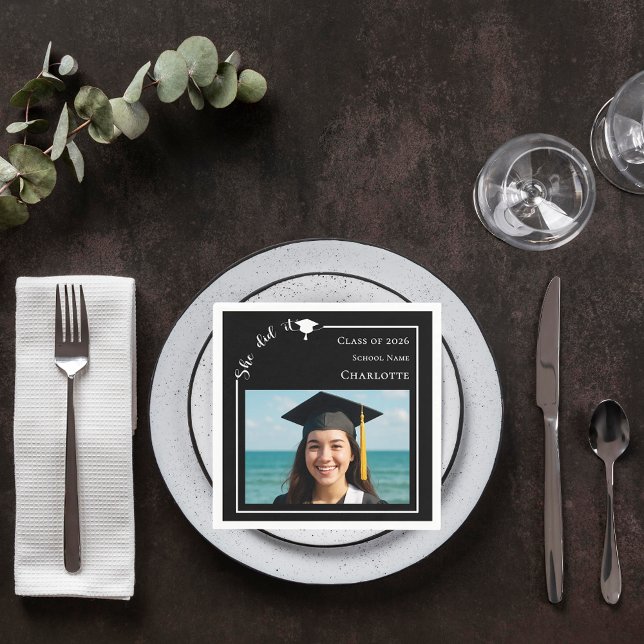 Guardanapo De Papel Black modern photo Graduation Party (Criador carregado)