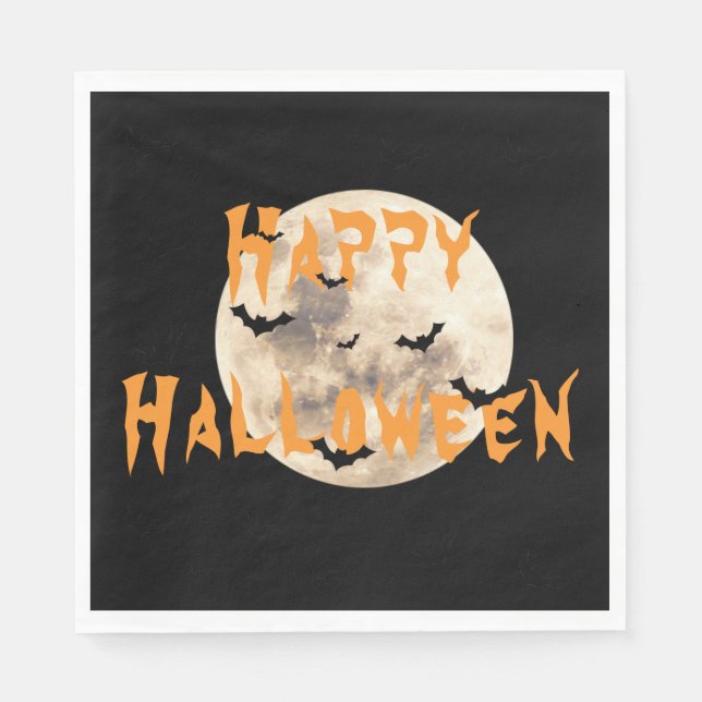 Guardanapo De Papel Black Orange Happy Halloween Moon Bats (Frente)