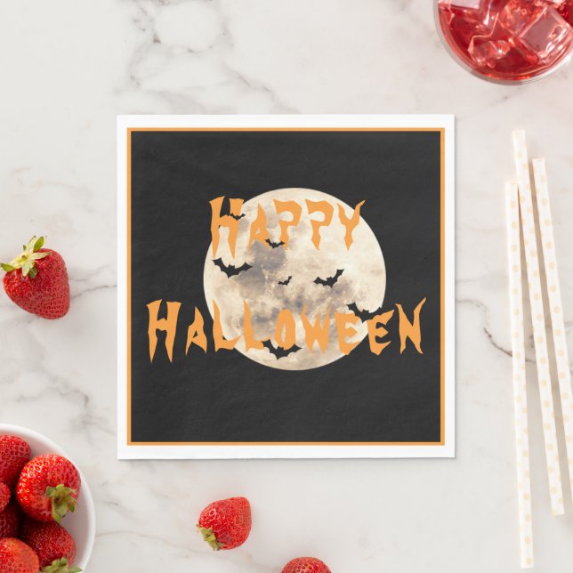 Guardanapo De Papel Black Orange Happy Halloween Moon Bats (Insitu)