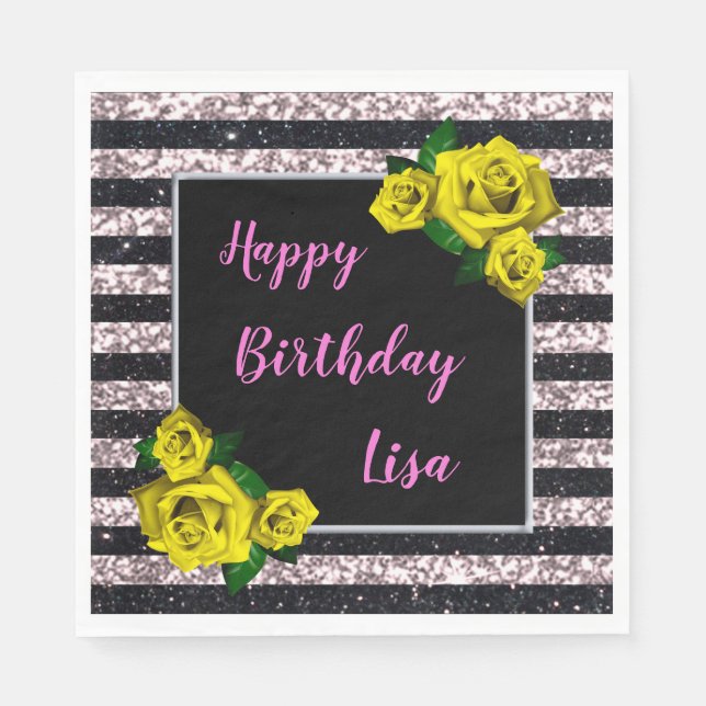 Guardanapo De Papel Black Pink Glitter Stripes Yellow Rosas Aniversári (Frente)