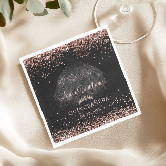 Guardanapo De Papel Black & Rose Gold Glitter Princess Quinceañera 