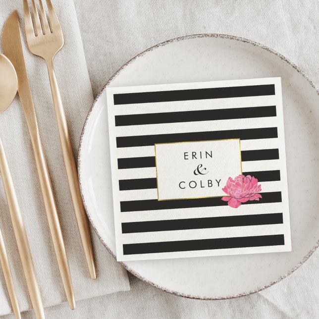 Guardanapo De Papel Black Stripe & Pink Peony (Criador carregado)