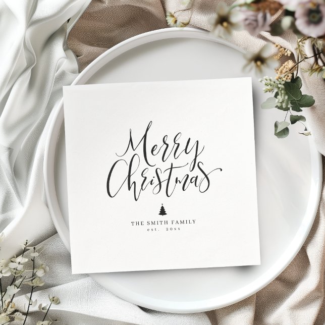 Guardanapo De Papel Black & White Simple Calligraphy Merry Christmas (Black & White Simple Calligraphy Merry Christmas Napkins)