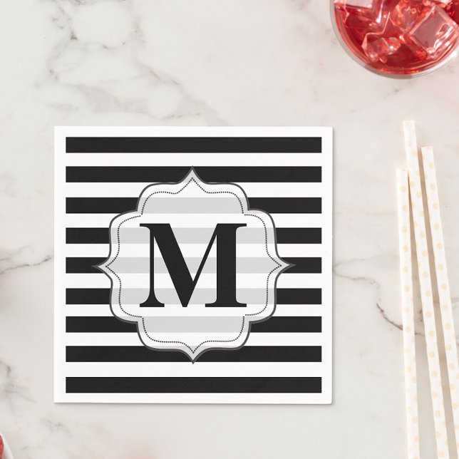 Guardanapo De Papel Black & White Striks Monogramas Napkins (Monogram Custom Printed Napkins with personalized initials.)