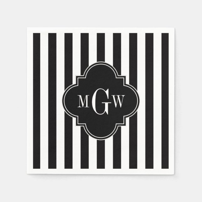 Guardanapo De Papel Black White Stripe Black Quatrefoil 3 Monograma (Frente)