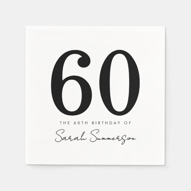 Guardanapo De Papel Black White Typography Sixty Name 60th Birthday (Frente)