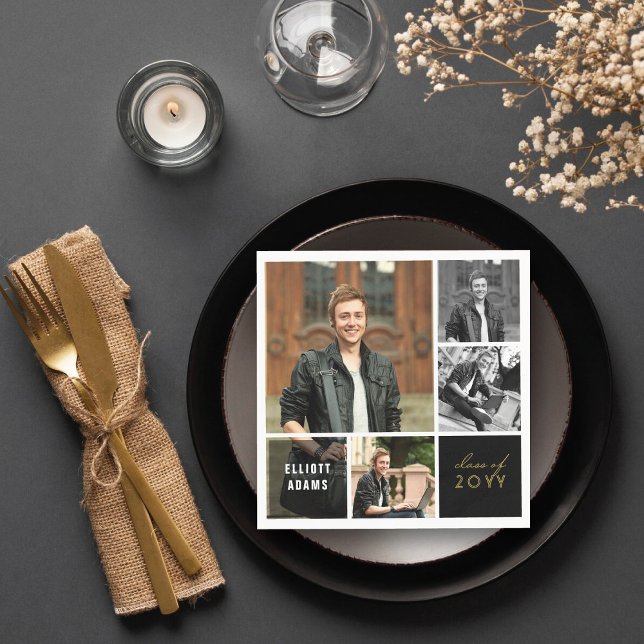 Guardanapo De Papel Blocos Quadrados Simples Festa de formatura do Mod (Simple Minimalist Square Blocks 4 Photo Collage Modern Graduation Party Paper Napkins by fatfatin)