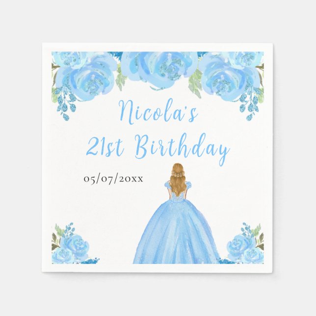Guardanapo De Papel Blonde Hair Princess Blue Floral Birthday Party (Frente)