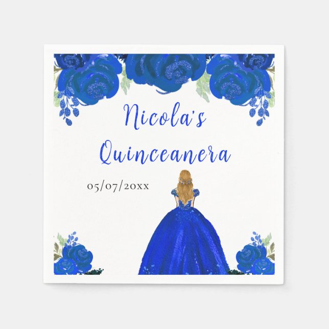Guardanapo De Papel Blonde Hair Princess Blue Floral Quinceanera (Frente)