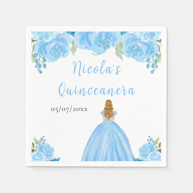 Guardanapo De Papel Blonde Hair Princess Blue Floral Quinceanera (Frente)