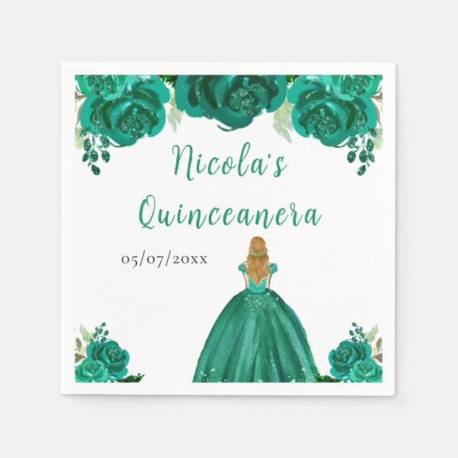Guardanapo De Papel Blonde Hair Princess Green Floral Quinceanera (Frente)