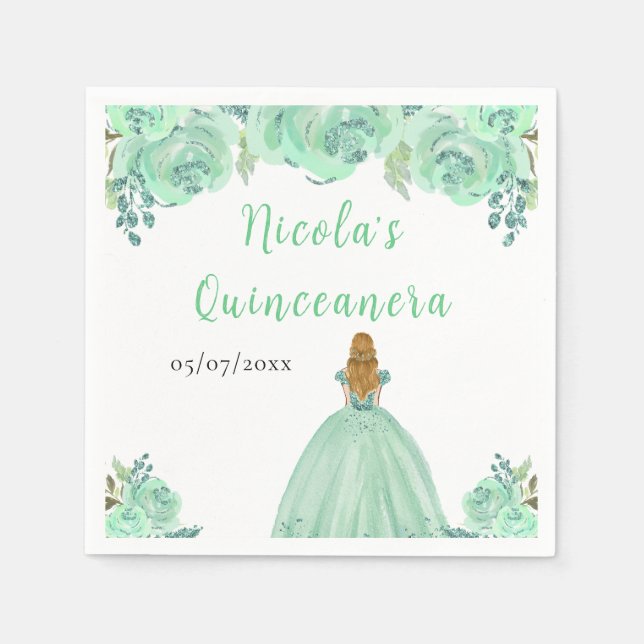 Guardanapo De Papel Blonde Hair Princess Mint Floral Quinceanera (Frente)