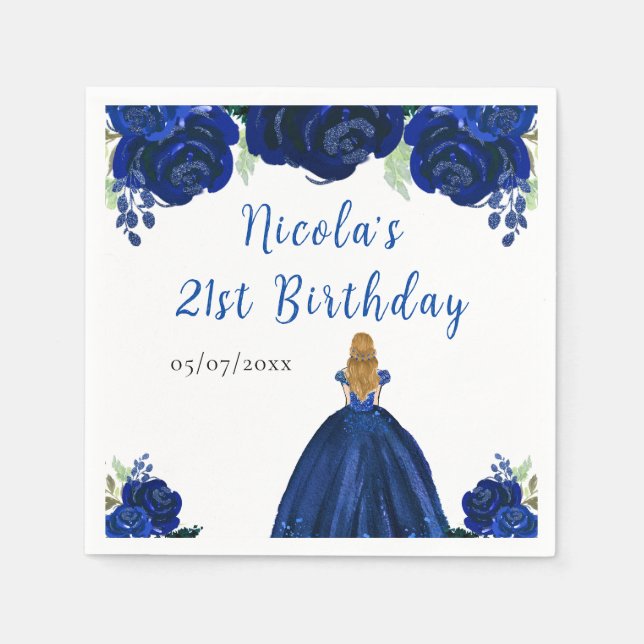 Guardanapo De Papel Blonde Hair Princess Navy Floral Birthday Party (Frente)