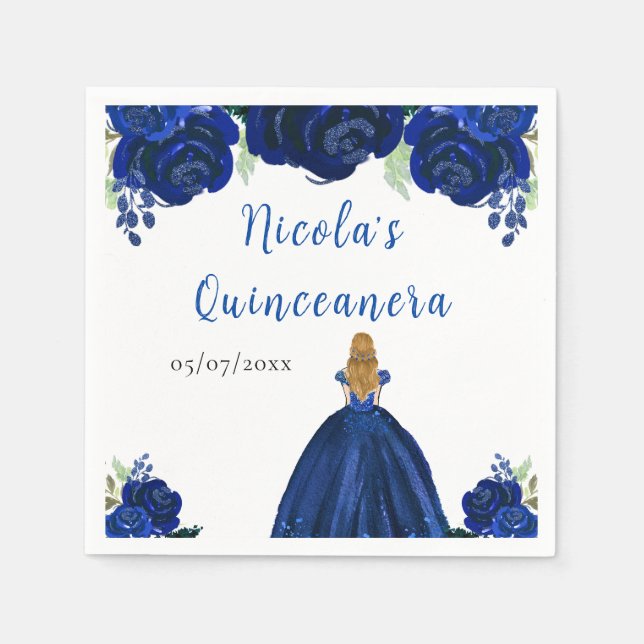 Guardanapo De Papel Blonde Hair Princess Navy Floral Quinceanera (Frente)