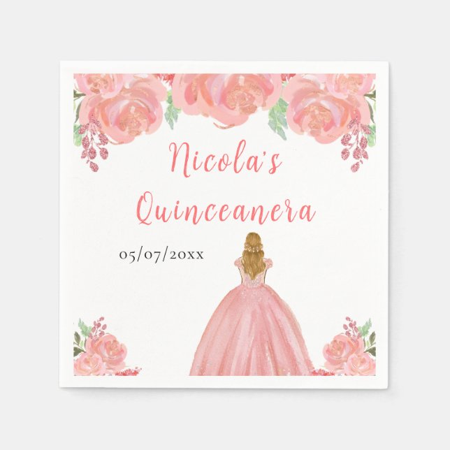 Guardanapo De Papel Blonde Hair Princess Pink Floral Quinceanera (Frente)