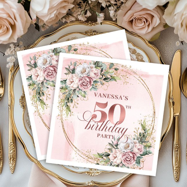 Guardanapo De Papel Blooming Rose Gold Blush Floral 50th Birthday  (Blooming Rose Gold Blush Floral 50th Birthday Dinner Napkins

)