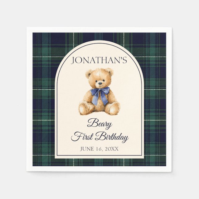 Guardanapo De Papel Blue Bow Preppy Teddy Bear 1st Birthday (Frente)