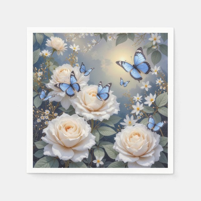 Guardanapo De Papel Blue Butterflies On White Roses and Daisies (Frente)