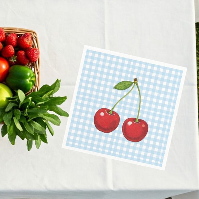 Guardanapo De Papel Blue Checked Paper Plates with Cherries for Summer (Criador carregado)