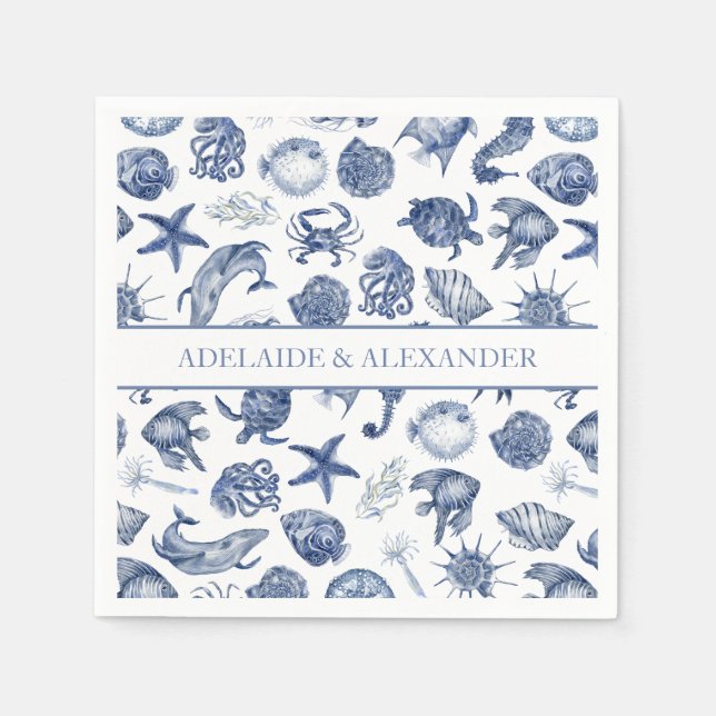 Guardanapo De Papel Blue Coastal Wedding Paper Napkin (Frente)