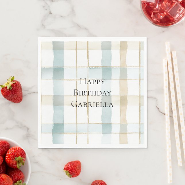 Guardanapo De Papel Blue Cream White Plaid Stripes Birthday (Insitu)