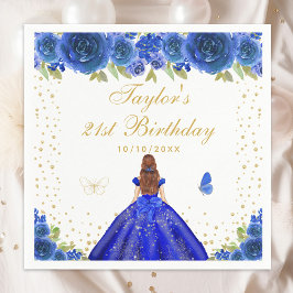 Guardanapo De Papel Blue Floral Brown Hair Princess Festa de aniversár