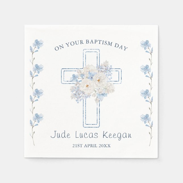 Guardanapo De Papel Blue Floral Cross Baptism Paper Napkin (Frente)