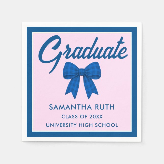 Guardanapo De Papel Blue Gingham Bow Graduation Party (Frente)