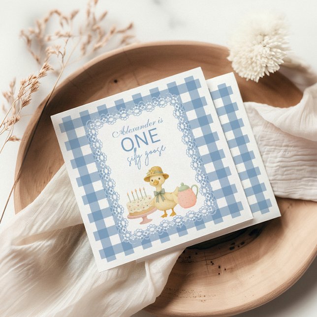 Guardanapo De Papel  Blue Gingham Silly Goose 1st Birthday (Criador carregado)