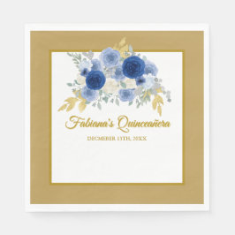 Guardanapo De Papel Blue & Gold Floral Quinceañera Napkins