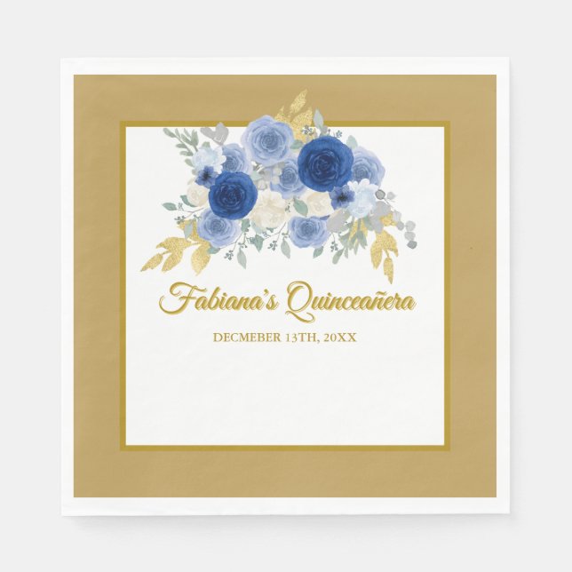 Guardanapo De Papel Blue & Gold Floral Quinceañera Napkins (Frente)