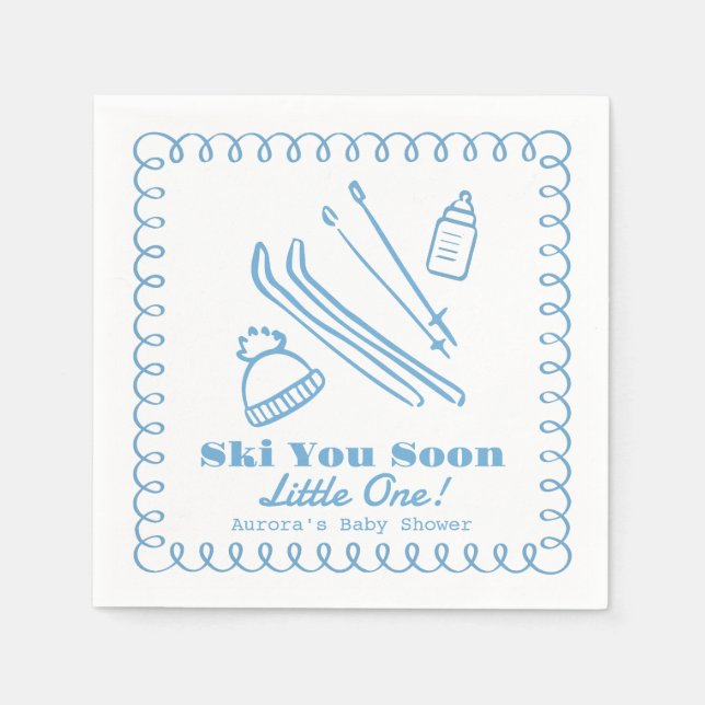 Guardanapo De Papel Blue Hand-Drawn Ski You Soon Boy Baby Shower (Frente)