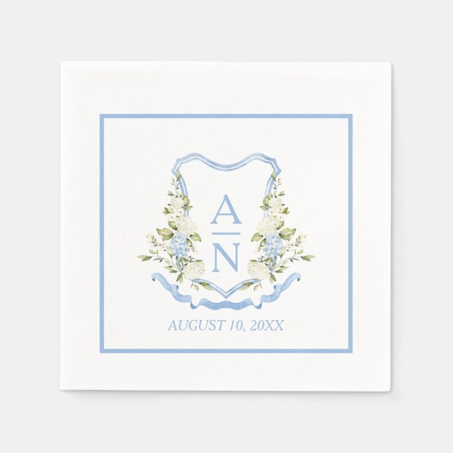 Guardanapo De Papel Blue Hydrangea Crest Monogram Simple (Frente)
