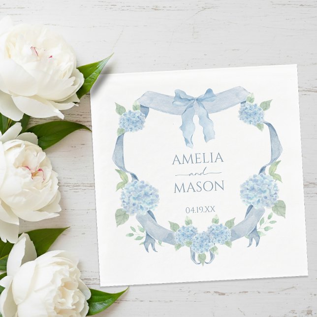 Guardanapo De Papel Blue Hydrangea Watercolor Crest Paper Wedding (Blue Hydrangea Watercolor Crest Paper Wedding Napkins)