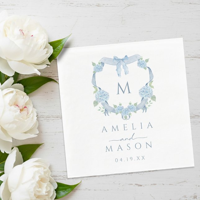 Guardanapo De Papel Blue Hydrangea Watercolor Monogram Crest Wedding (Blue Hydrangea Watercolor Monogram Crest Wedding Napkins)
