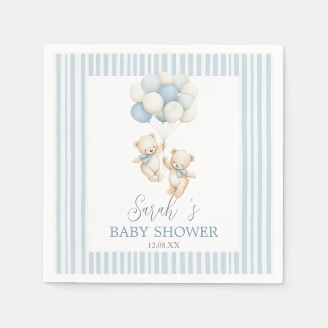 Guardanapo De Papel Blue Stripes Twin Bears Baby Shower Napkins (Frente)
