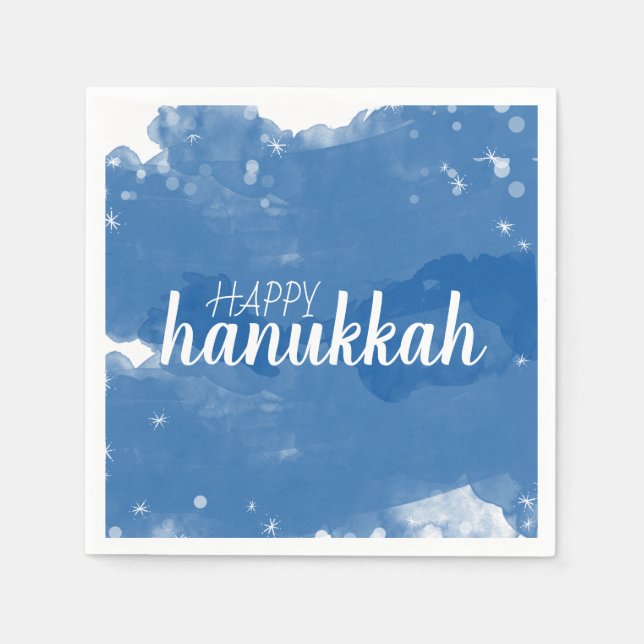 Guardanapo De Papel Blue Watercolor Snowflakes Feliz Hanukkah (Frente)